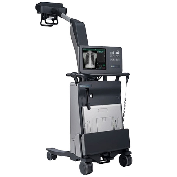 Fujifilm FDR AQRO compact portable digital x-ray cart, three-quarter studio view with tube arm raised
