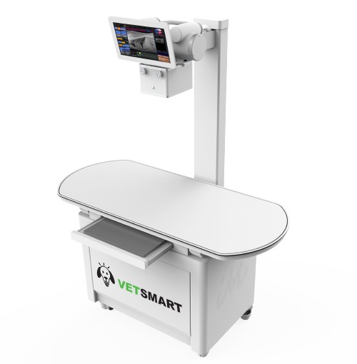 20/20 Imaging VetSmart veterinary digital x-ray table with cassette tray showing